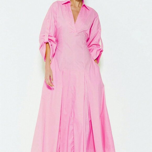 Dresses & Skirts - Pink Elegant Women's V-Neck Long Sleeve Flared Hem Chic Maxi Dress
